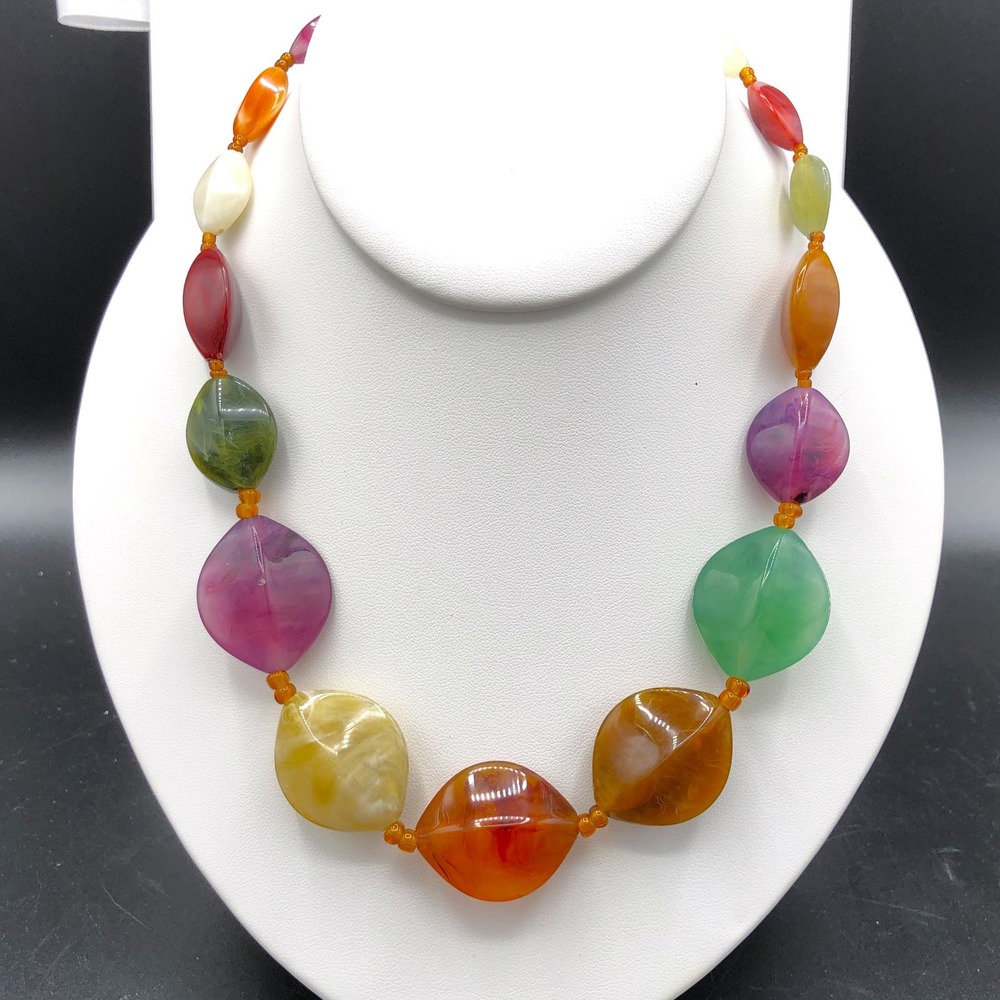 Vtg Multicolor Faux Agate Acrylic Necklace Lightweight Facet Swirl‎ Lentil Beads